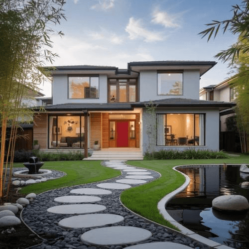 Modern home with red front door and Feng Shui garden with stepping stones and water feature