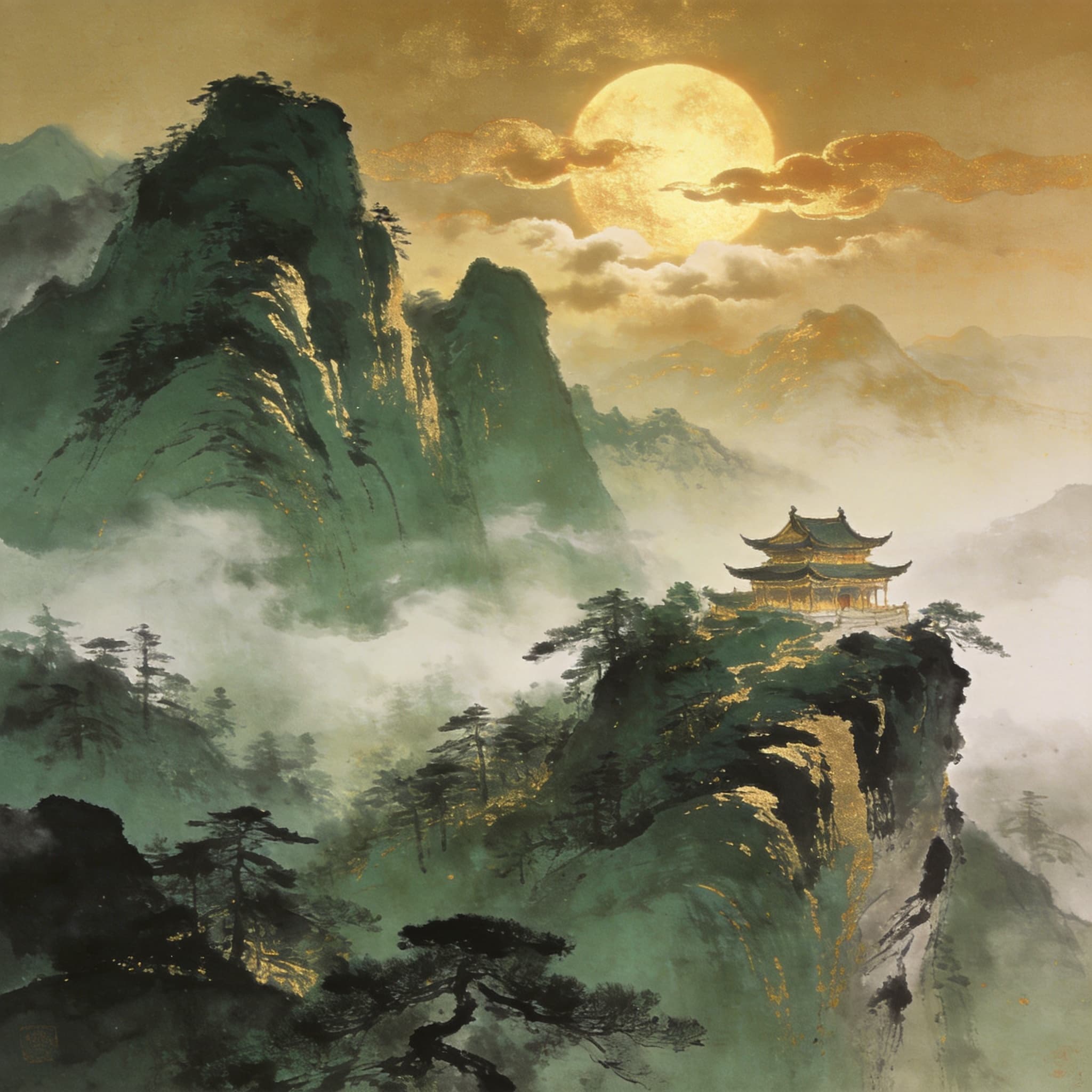 Mystical ink-wash mountain landscape with Taoist temple