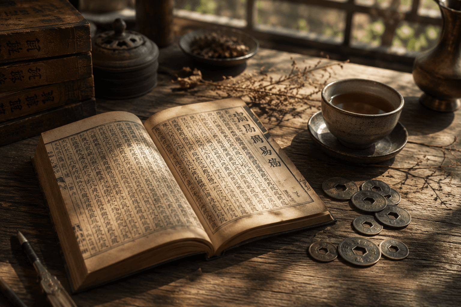 I Ching book open with traditional Chinese coins, teacup and incense on wooden table