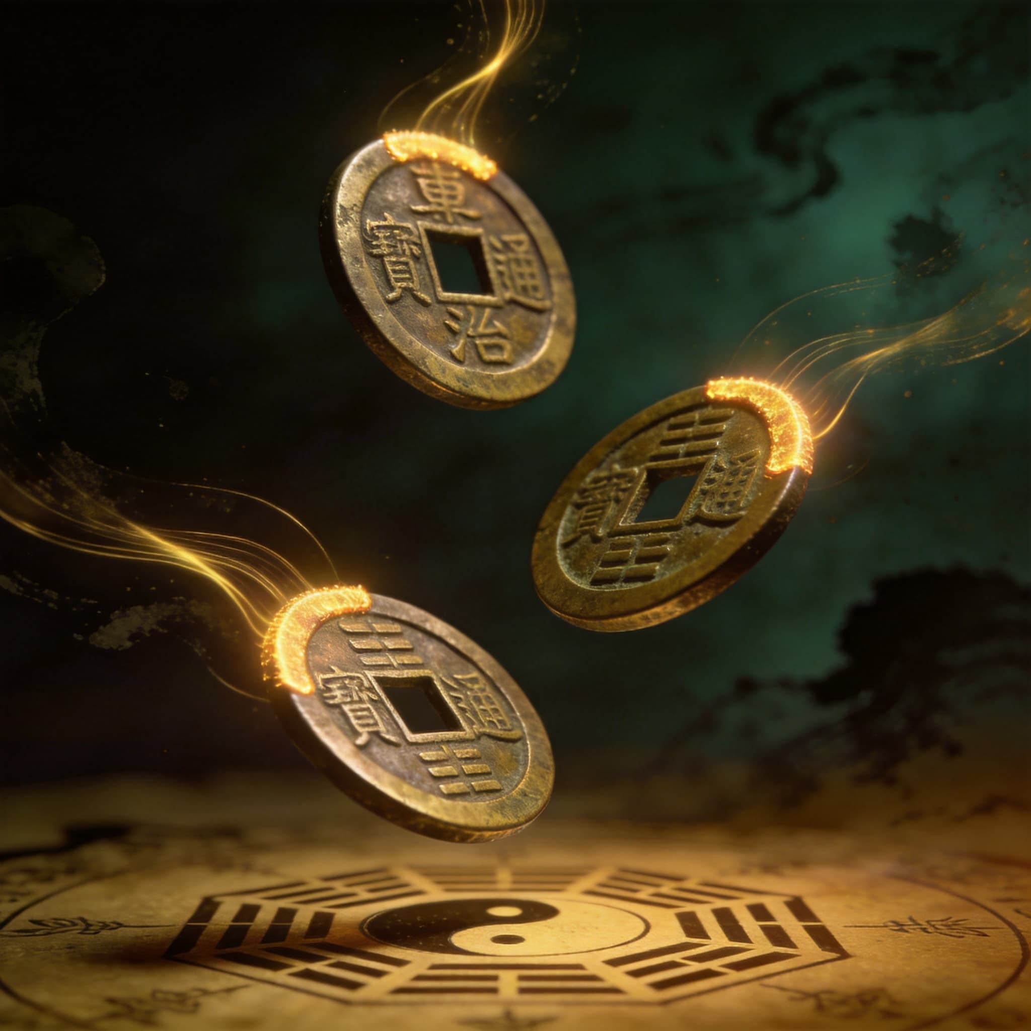 I Ching three-coin divination casting moment