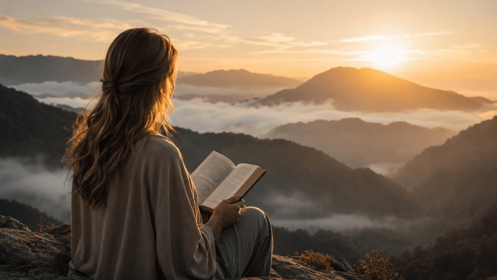 Woman reading at mountain summit during golden dawn — contemplation and natural wisdom