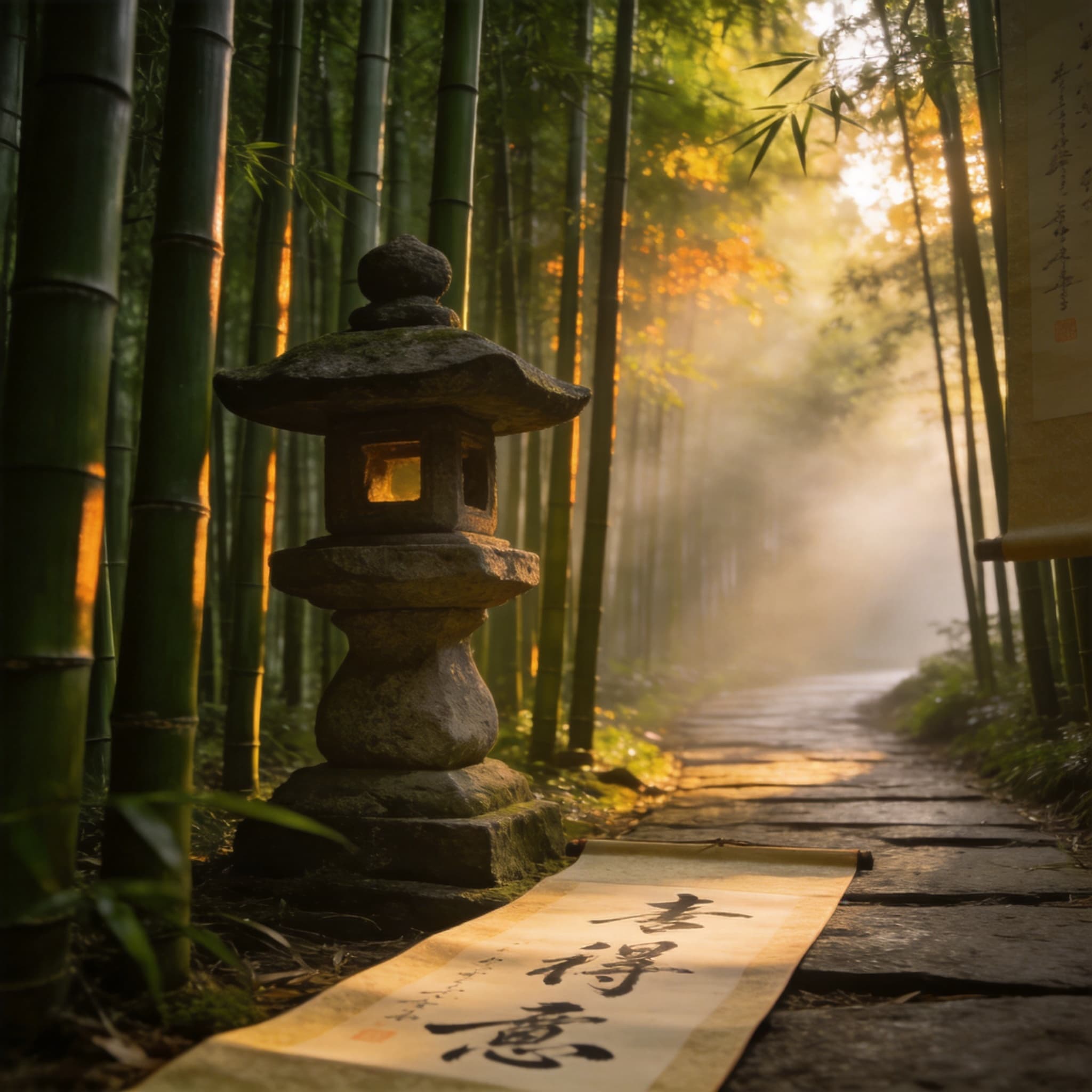 Zen bamboo forest path with morning mist